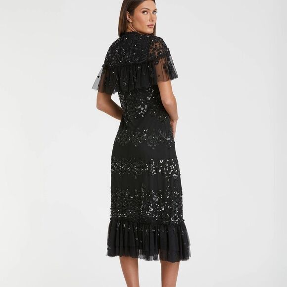 NWT MAC DUGGAL Black Sequined High Neck Ruffled Flutter Sleeve Midi Dress sz 12 - Picture 3 of 13